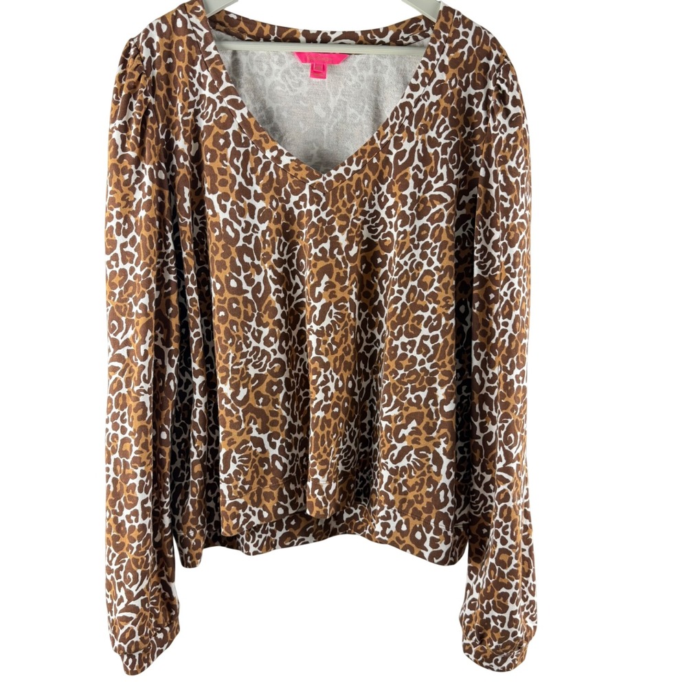 Lilly Pulitzer Finn V-Neck Leopard Print Cotton French Terry Sweatshirt XXL